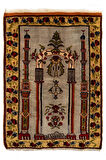 92x129 cm Kemerli Yol, Sütunlar ve Çiçekleri Betimleyen Eski Türk Seccadesi