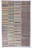 311x515 cm Eski Çizgi Desenli El Dokuması Kilim. Düz Dokuma Çaput Halı. Renkli Kilim