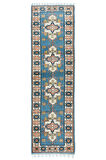 87x307 cm Modern El Düğümlü Koridor Halısı, Mavi Geometrik Desenli Koridor Halısı, %100 Yün