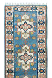 87x307 cm Modern El Düğümlü Koridor Halısı, Mavi Geometrik Desenli Koridor Halısı, %100 Yün