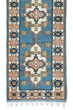 87x307 cm Modern El Düğümlü Koridor Halısı, Mavi Geometrik Desenli Koridor Halısı, %100 Yün
