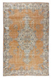 206x320 cm Madalyon Desenli El Düğümlü Halı, Turuncu, Lacivert ve Krem Renklerinde Eski Halı