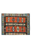 210x296 cm Eski Geometrik Desenli El Dokuması Kilim, Yünden Yapılmış Düz Dokuma Kilim Halı
