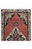 88x313 cm Renkli Madalyonlu Kırmızı El Düğümlü Eski Koridor Halısı