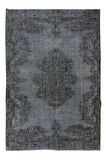 203x304 cm Yeniden Boyanmış Gri El Dokuma Halı, El Yapımı Eski Halı