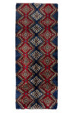 104x253 cm Mavi, Kırmızı ve Açık Kahverengi El Düğümlü "Tülü" Halı. %100 Yün. Eski Türk Halısı