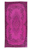 114x220 cm, Yenilenmiş Pembe El Yapımı Halı, Modern Yün ve Pamuktan Yapılmış Eski Halı