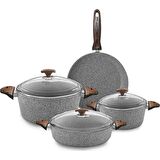 OMS 7 PARÇA CAM KAPAKLI GRANİT TENCERE SETİ GRİ 