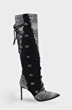 Kadın Sivri Burun Yılan Deri Desenli Topuklu Günlük Çizme Athenas Siyah 