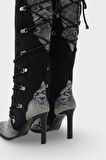 Kadın Sivri Burun Yılan Deri Desenli Topuklu Günlük Çizme Athenas Siyah 