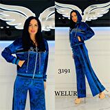 İspanyol Paça Crystal Taşlı Kadife Eşofman Takımı - MAVİ