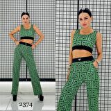 Bel Taş Labirent Crop Crystal Taşlı Eşofman Takımı - YEŞİL