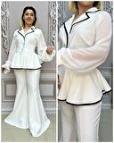 Kolları Şifon Büyük Beden Ceketli Takım - BEYAZ
