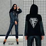 Tf Deri Crystal Taşlı Eşofman Takımı - SİYAH GÜMÜŞ