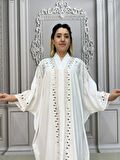 V Yaka Büyük Beden Crystal Taşlı Uzun Elbise - BEYAZ