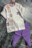 Yeni Sezon Çiçek Desenli Lila Renk Kapri Taytlı Kız Çocuk Takım