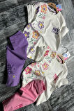 Yeni Sezon Çiçek Desenli Lila Renk Kapri Taytlı Kız Çocuk Takım