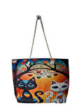 Spteks Karışık Renk Baskılı Kedi Figürlü Keçe Kadın Yazlık Plaj Ve Tatil El Çantası