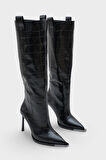 Kadın Kroko Sivri Burun Topuklu Günlük Çizme Elinos Siyah