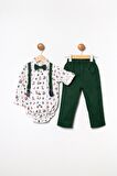 Erkek Bebek Yılbaşı Temalı Aylık Beyaz Gömlek Gabardin Pantolon 4'lü Takım