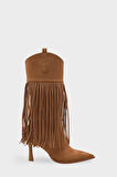 Kadın püskül Detaylı Topuklu Sivri Burun Kovboy Günlük Çizme Etersel Kahve