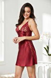 Pierre Cardin Bordo Saten Dantelli Gecelik Sabahlık Takım 4438