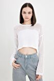 DeFacto Regular Fit Bisiklet Yaka Kroşe Ajurlu Delikli Crop Triko Kazak T4513AZ24AUER103
