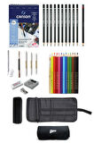 Canson Resim Defteri A5 200 Gr Faber-castell Grip Boya Kalemi Çantalı Çizim Eskiz Seti