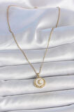 316L Çelik Gold Renk Zincir Beyaz Mineli Hilal İşlemeli Madalyon Model Kadın Kolye