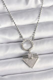 316L Çelik Gümüş Renk Topçuk Zincir Zirkon Taşlı Üçgen Model Kadın Kolye