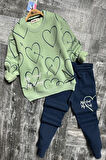 Kalp Desenli Yeşil Renk 3 İplik Kız Çocuk Takım