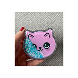 Kedi Tasarımlı Simli Sulu Kozmetik Cep Çanta Aynası Kapaklı El Makyaj Aynası Aparatı