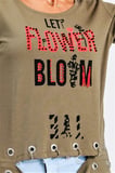 Yeşil Kuş Gözü Detaylı Önden Bağlamalı Yazılı Taşlı T-Shirt