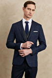 Erkek Lacivert Slim Fit Dar Kesim Mono Yaka Desenli Yelekli Takım Elbise