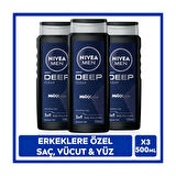 Nıvea MEN Erkek Deep Dimension Duş Jeli 500ml, 3ü1Arada Komple Bakım, Vücut Saç Yüz, Erkeksi Koku, X3Adet