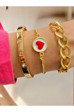 Altın Kaplama 3 lü Kombin Bileklik Seti Gold Renk Kadın Zincir Bilezik Künye Asansör Pandora