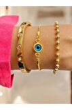 Altın Kaplama 3 lü Kombin Bileklik Seti Gold Renk Kadın Zincir Bilezik Künye Asansör Pandora