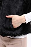 Siyah Kadın Angora Deri Yelek