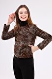 Kahverengi Kadın Leopar Desenli Deri Ceket