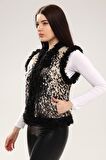 Beyaz Kadın Desenli Deri Yelek