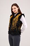 Sarı Kadın Desenli Deri Yelek