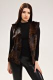 Leopar Desenli Kadın Deri Yelek