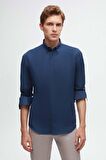 Slim Fit İndigo Oxford Düğmeli Yaka Kolay Ütülenebilir Nakış Detaylı Pamuklu Gömlek 4HC02ORT03265