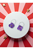 MuffyClay Özel Tasarım, Polimer Kil Mor Mini Halka Çiçek Küpe - Violet Floral