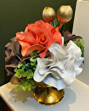 Dekoratif Metal Saksılı Aranjman Çiçek Turuncu