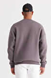 Erkek Koyu Gri Oversize Fit Bol Kesim Pamuklu Içi Polarlı 3 Iplik Bisiklet Yaka Sweatshirt