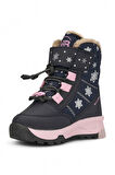 Günlük Kız Çocuk Kar Botu Cırtlı Lastik Bağcıklı Kürklü Kar Desenli Kalın Tırtıklı Taban Bootie 014
