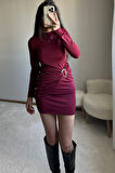 Toka Detaylı Bordo Mini Elbise