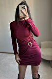 Toka Detaylı Bordo Mini Elbise