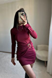 Toka Detaylı Bordo Mini Elbise